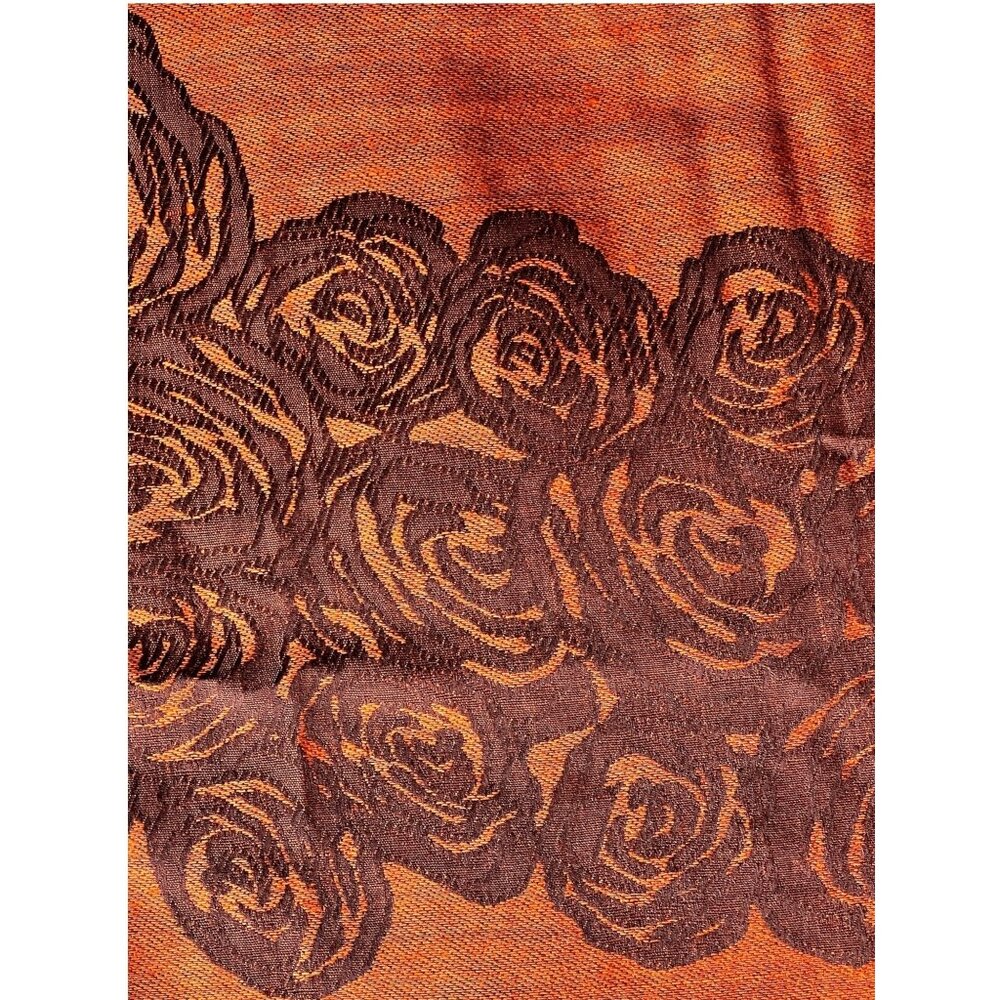 100% Cashmere Rox Scarf With Rose Pattern 27"x71" & 3" Fringe Orange Brown - Picture 6 of 10